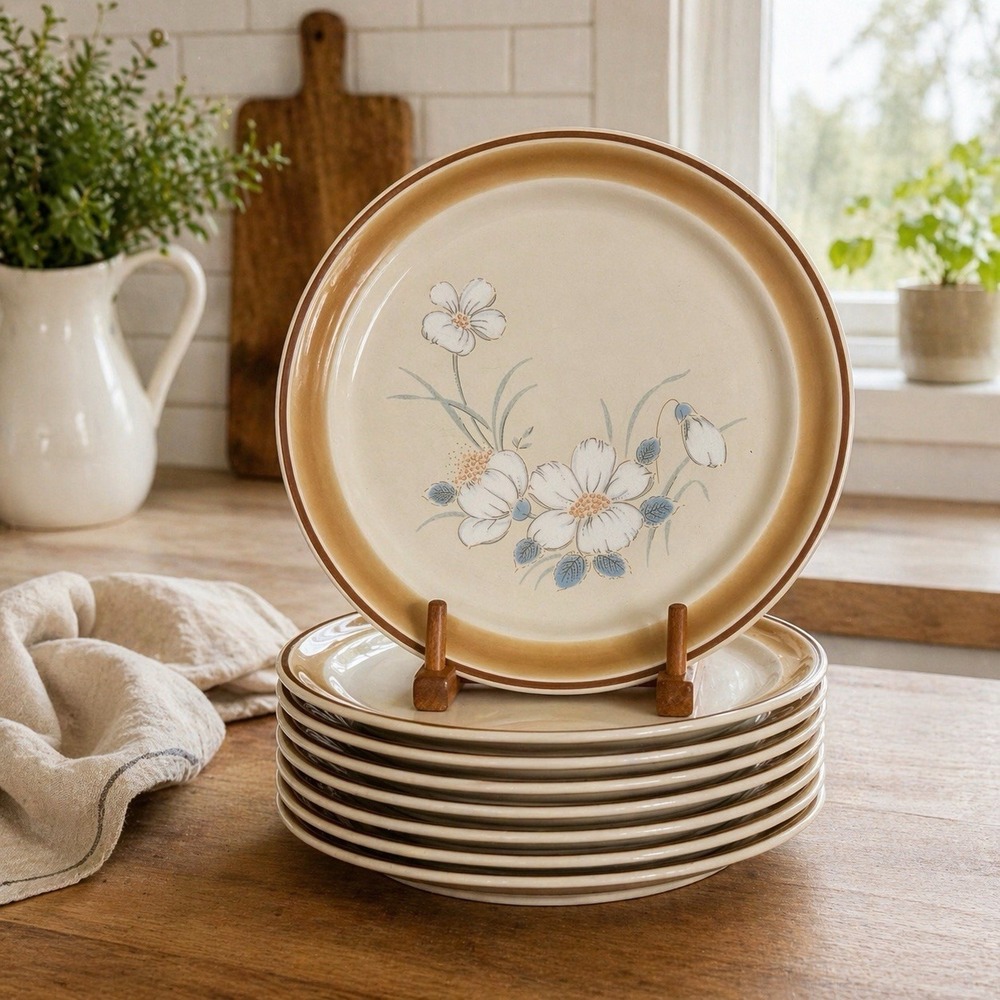 8 Vintage Water Colors Dawn Stoneware Hearthside Japan 10.5" Dinner Plates